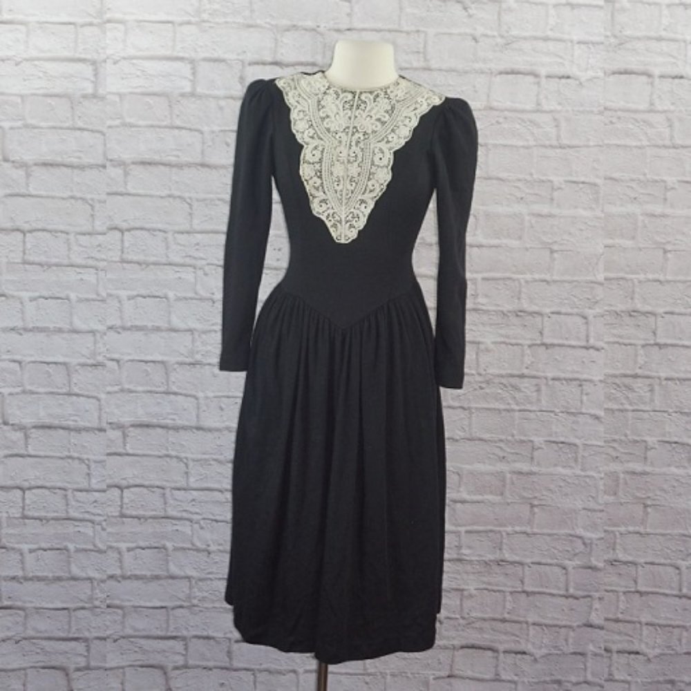 Vintage 80s Black White Lace Dress